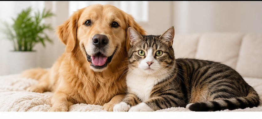 Happy dog and cat relaxing together